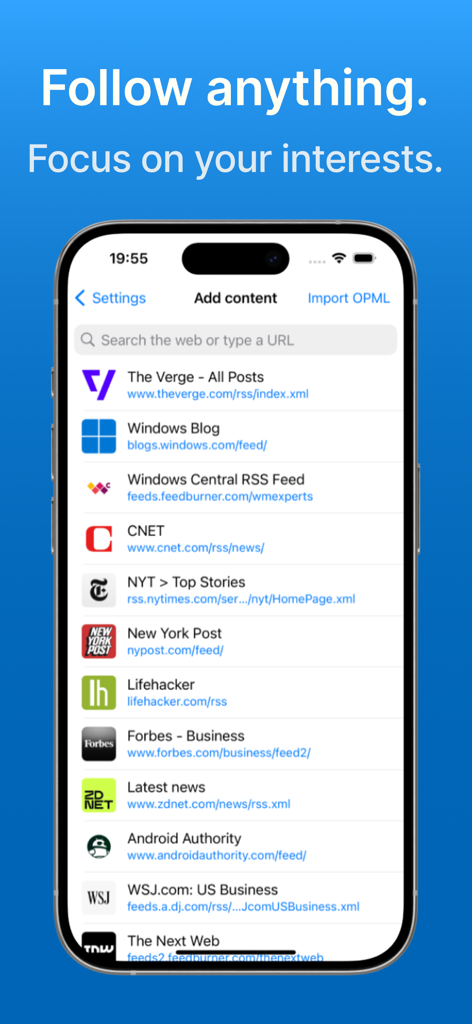 Add content screen in Feed Viewer showing news source suggestions and OPML import