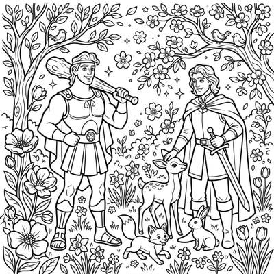 Embark on an epic coloring journey with legendary mythological heroes surrounded by the beauty of spring. This enchanting scene invites you to bring a world of ancient tales and vibrant nature to life with your favorite colors.