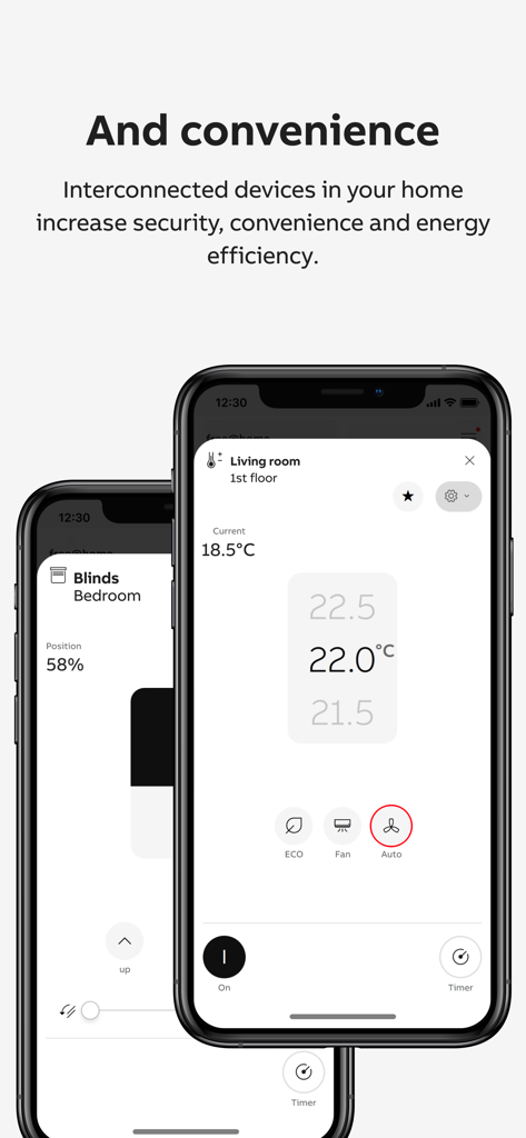 ABB-free@home® Next - Interfaz de la aplicación ABB-free home Next mostrando el control de temperatura de la sala de estar y persianas del dormitorio en un smartphone