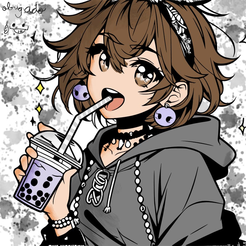 hot baddie anime girl drinking boba and biting the straw