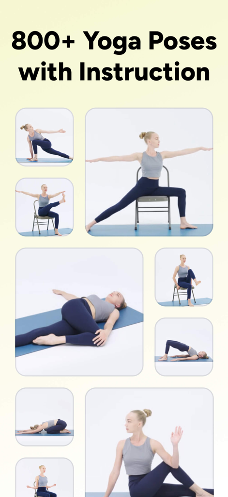 Yoga for Beginners, Pilates+ - Un collage que muestra una variedad de posturas de yoga y yoga en silla con texto instructivo para principiantes