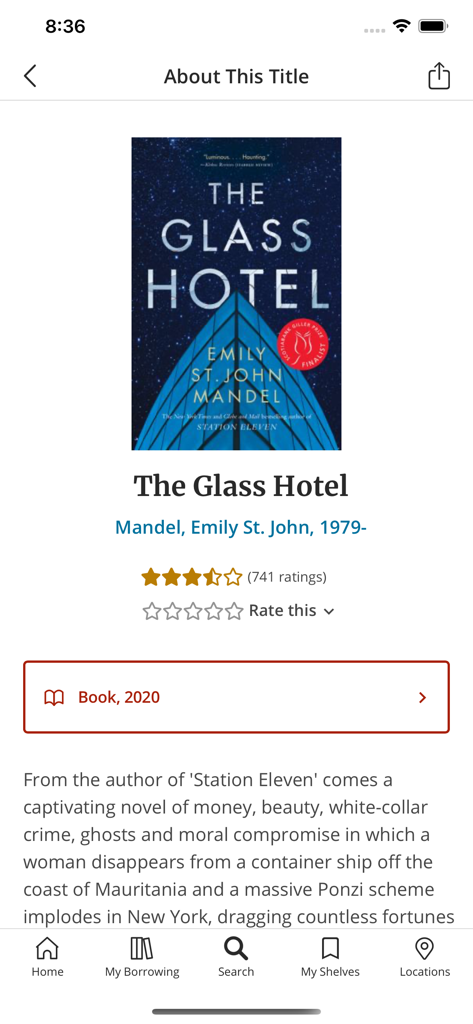 Edmonton Public Library - Screenshot of the Edmonton Public Library app showing book details for The Glass Hotel
