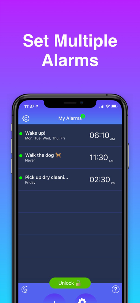 Loud Alarm Clock LOUDEST Sleep - Interface of Loud Alarm Clock app showing a list of multiple scheduled alarms