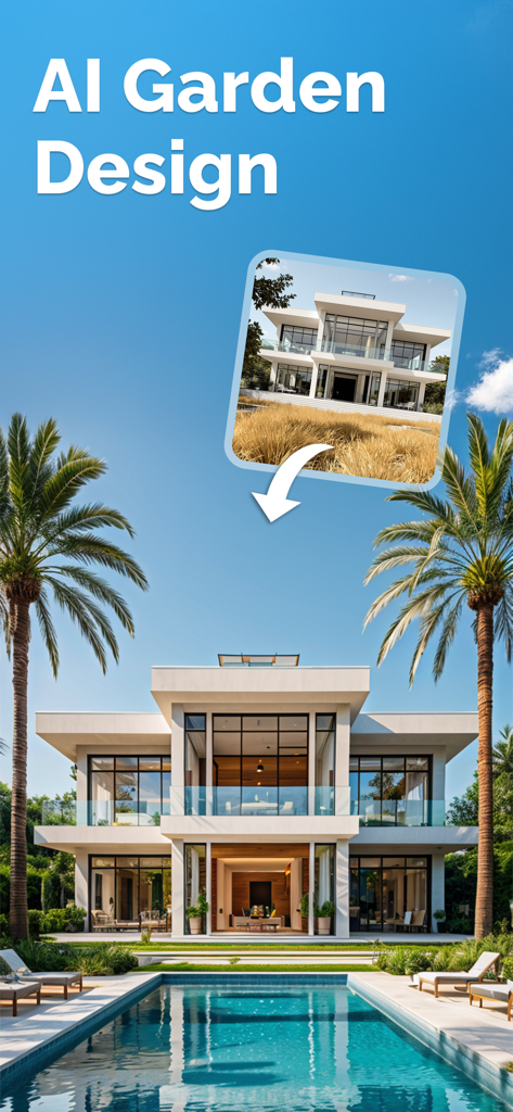 Transformation de jardin arrière générée par IA présentant une maison moderne de luxe avec une piscine et une végétation luxuriante