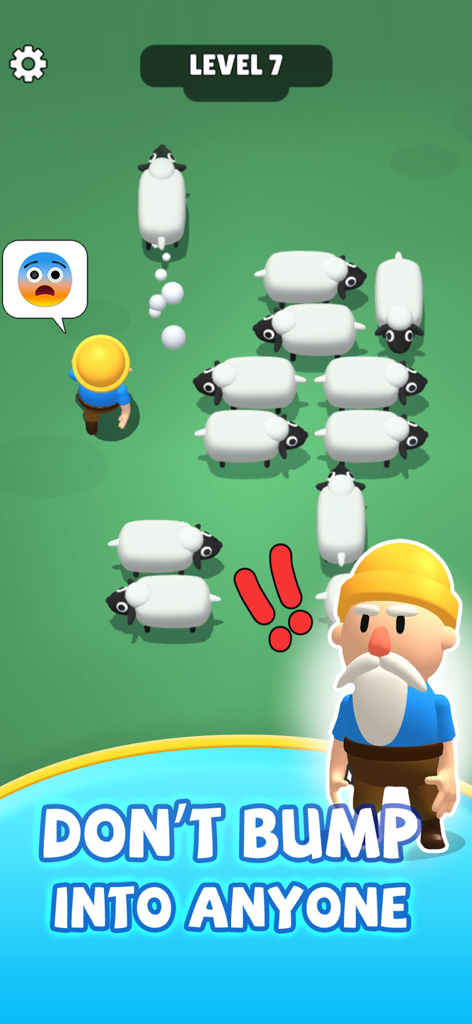 Farm Escape! - A screenshot of Level 7 in the Farm Escape game showing sheep on a green field with the text Don't bump into anyone.
