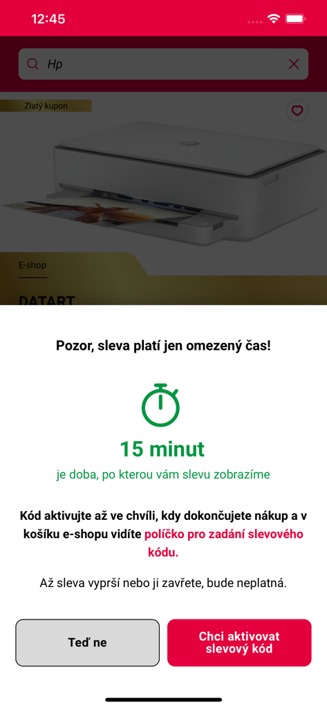A mobile app screen showing a 15-minute countdown timer for activating a shopping discount coupon.