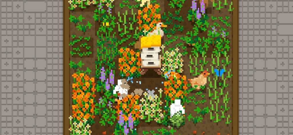 Tiny Terraces - Vista dall'alto in pixel art di un colorato giardino con minuscole figure bianche, un'anatra, un pollo e un alveare.