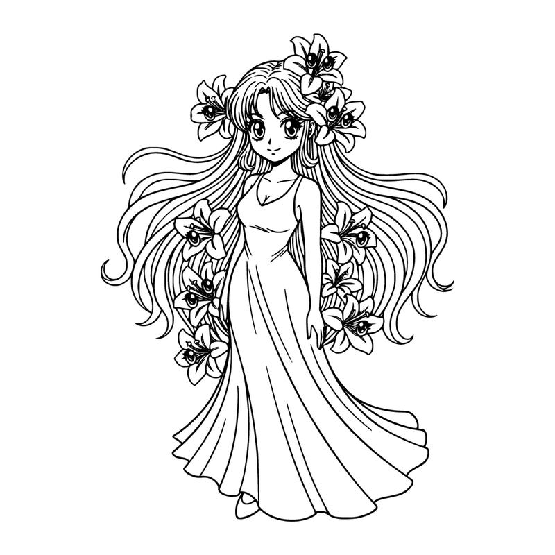 beautiful girl with a long flowing dress and extra long flowing hair with lillie's in her hair