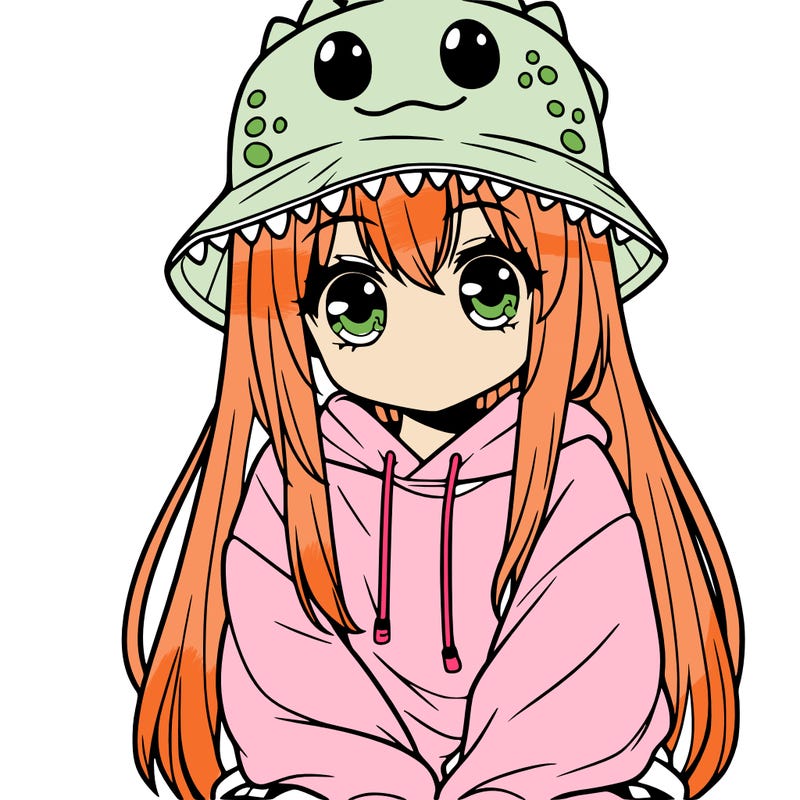 girl with anime shaped eyes with a dinosaur bucket hat oversized sweatshirt long straight hair