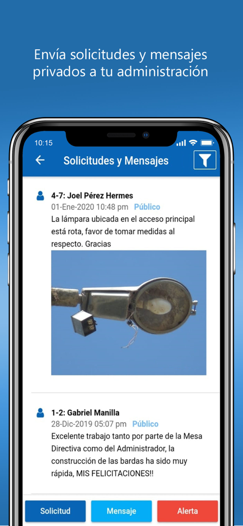 Residentia - Interfaccia dell'app Residentia che mostra un elenco di richieste della comunità e messaggi privati con foto di manutenzione.