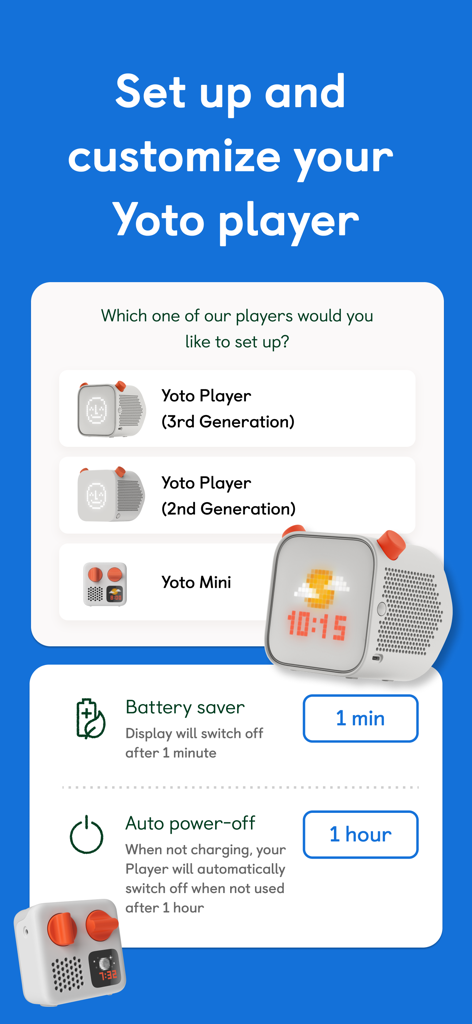 Yoto app interface showing setup options for different Yoto Player models and device power settings