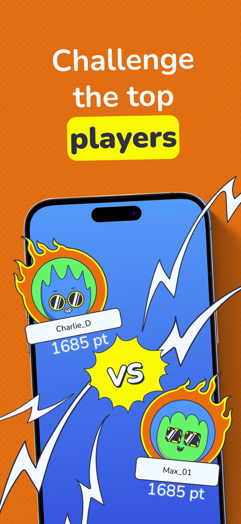 Mukiz - Guess the song - Deux avatars de dessin animé enflammés dans une bataille en face à face sur l'écran du jeu de quiz musical Mukiz avec le texte Défiez les meilleurs joueurs