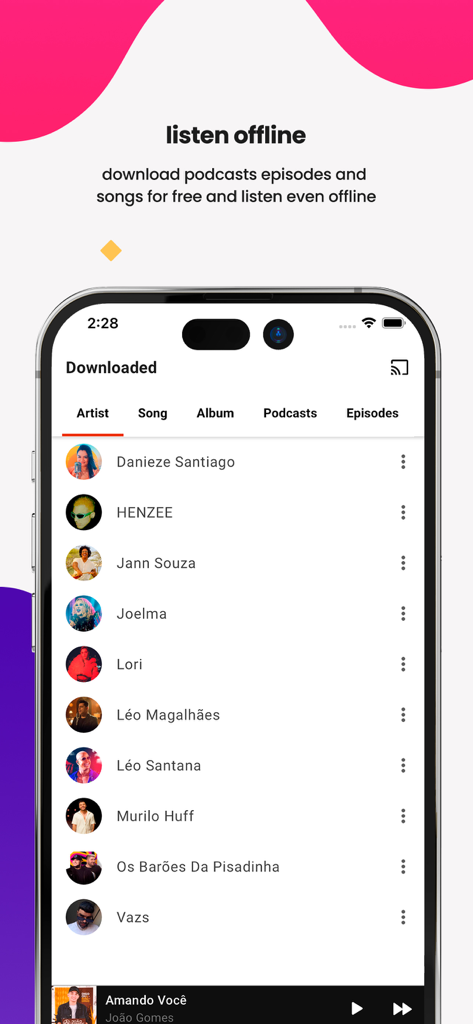 Interfaz de la aplicación móvil Palco MP3 mostrando una lista de artistas brasileños descargados para escuchar sin conexión