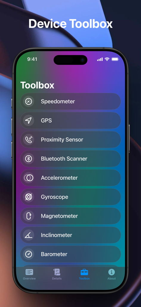 Status Monitor - ステータスモニターアプリの「デバイスツールボックス」インターフェイスのスクリーンショット。スピードメーター、GPS、気圧計などのセンサーツールのリストが表示されています。