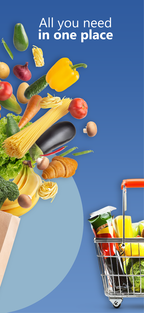 Safi صافي - Safi grocery delivery app screenshot showing fresh produce falling into a bag and a shopping cart with the text All you need in one place.