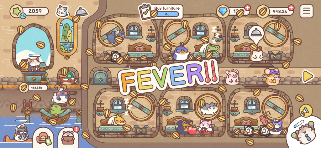 Hamster Inn - Uma captura de tela do Hamster Inn mostrando vários quartos de hotel com hóspedes animais fofos e sementes de girassol caindo durante o modo febre