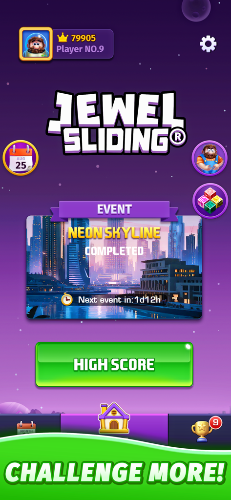 Main menu of the Jewel Sliding block puzzle game showing player level and special events