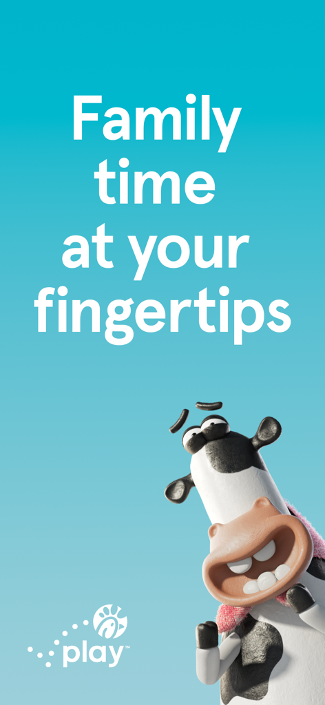 Pantalla promocional de la aplicación Chick-fil-A Play con el texto 'Tiempo en familia al alcance de tu mano' y un personaje de vaca animada