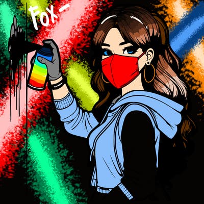 realistic girl with mask spray painting a wall