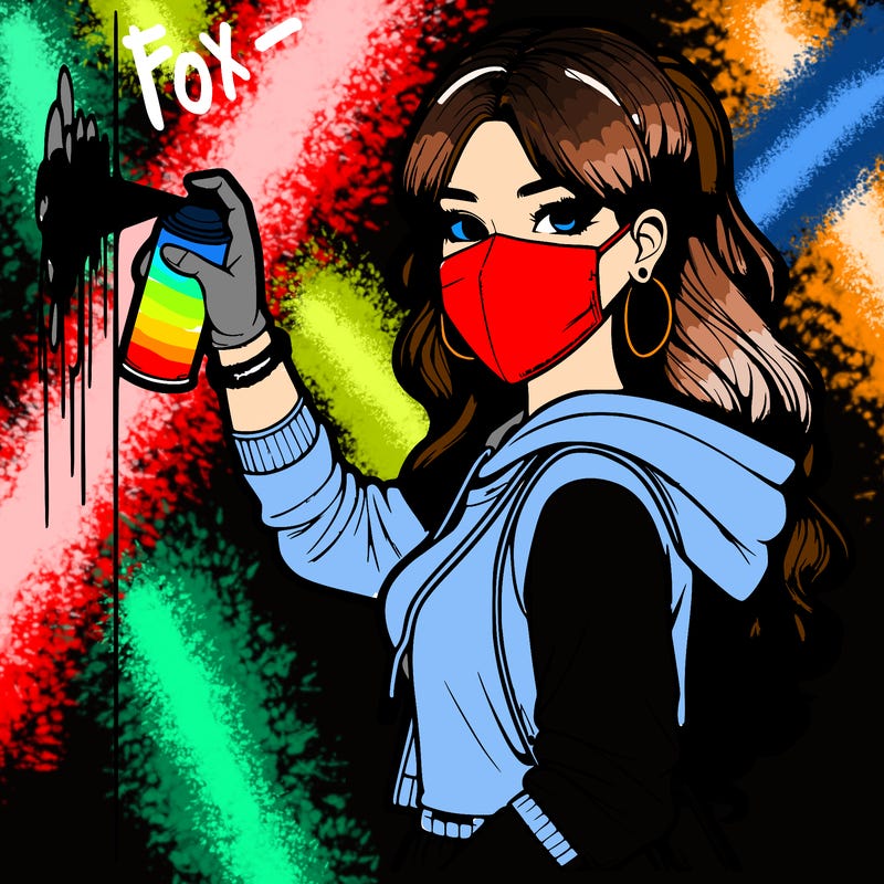 realistic girl with mask spray painting a wall