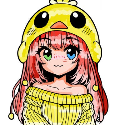 anime girl with chick shaped hat with sweater with bare shoulders with bangs covering them one eye with low tail