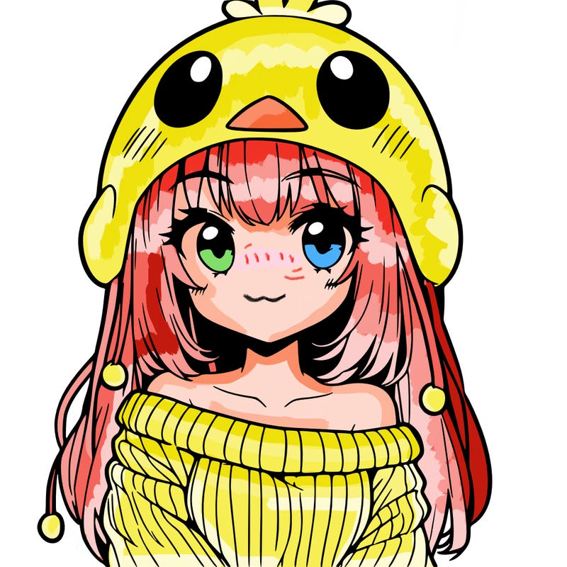 anime girl with chick shaped hat with sweater with bare shoulders with bangs covering them one eye with low tail