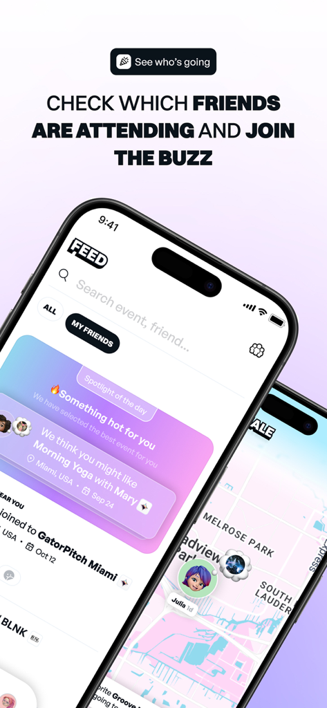 Clyx: Genuine Friends & Events - Clyx app interface showing an event feed with yoga classes and a map displaying friend locations
