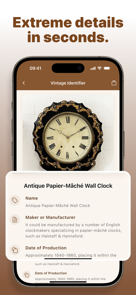 Vintage ID app interface identifying an antique wall clock with historical details