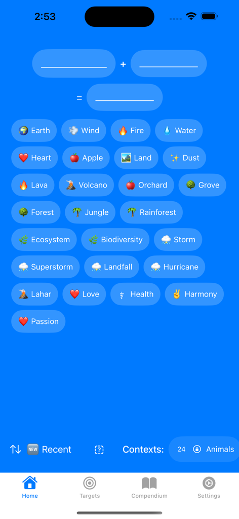 Context Craft - Pantalla de juego principal de Context Craft que muestra elementos de palabras como Tierra, Fuego y Agua disponibles para combinación.