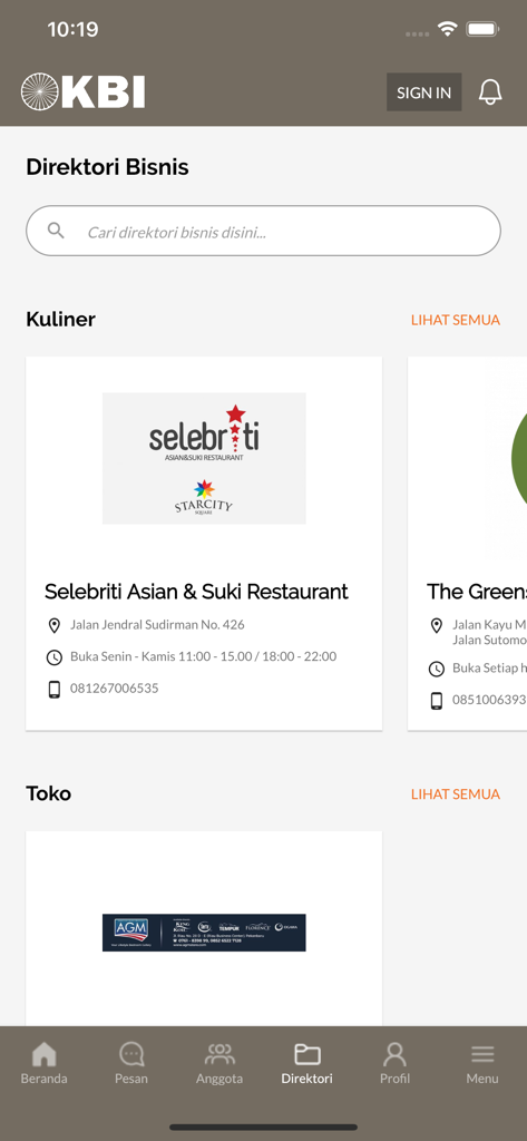 Buddhayana mobile app business directory interface with restaurant listings