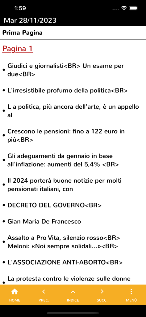 il Giornale Digitale - Mobile screen showing a list of Italian news headlines on the first page of the il Giornale Digitale app.