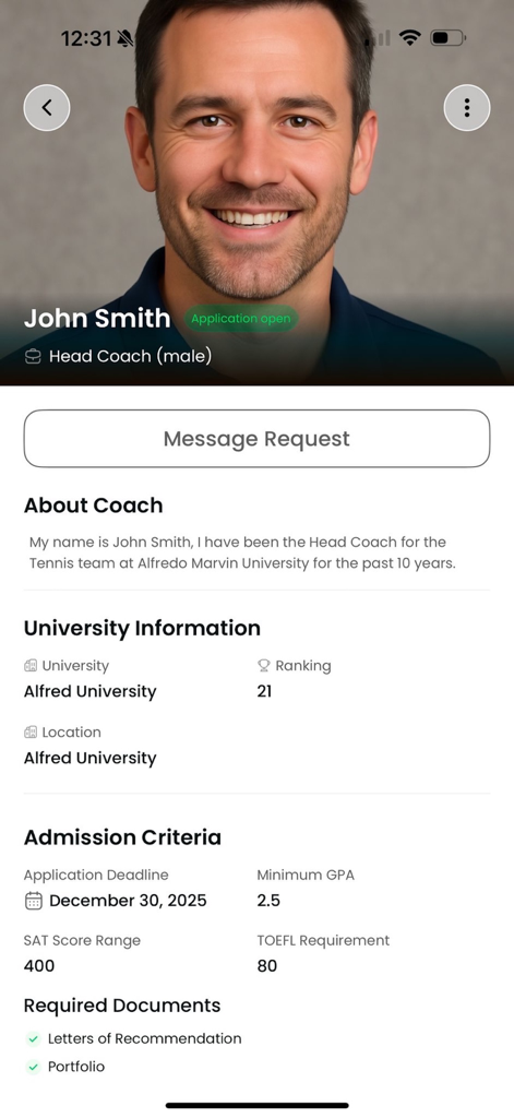 Ein College-Headcoach-Profil auf Sportex Athletics, das Universitätsinformationen und Zulassungskriterien für Studentensportler anzeigt