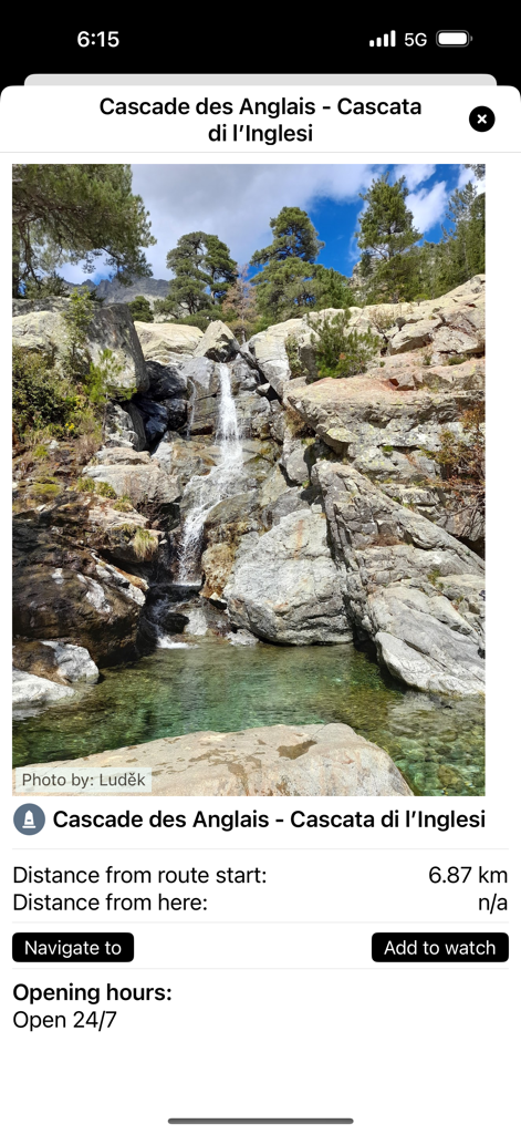 Cascade des Anglais waterfall information on the GR 20 Corsica hiking app.