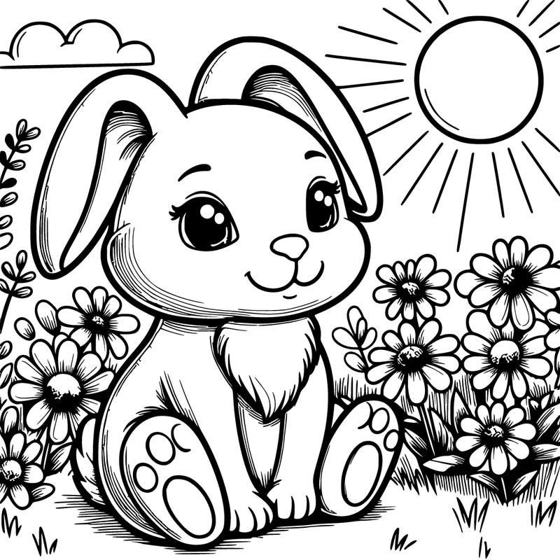 a realistic bunny sitting in a field of flowers with the sun in the sky