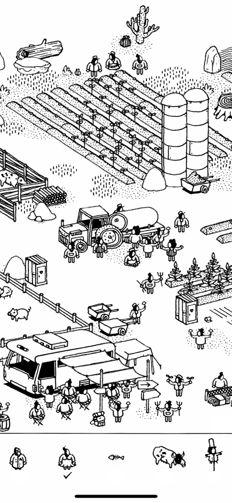 Hidden Folks - A hand-drawn black and white farm level from Hidden Folks featuring a tractor and silos