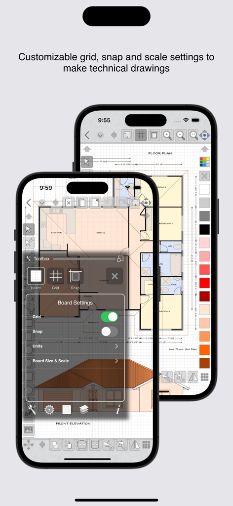 iDesign App-Oberfläche auf dem iPhone zeigt Grundrisszeichnungen und Gitter-Einstellungen für technische Zeichnungen