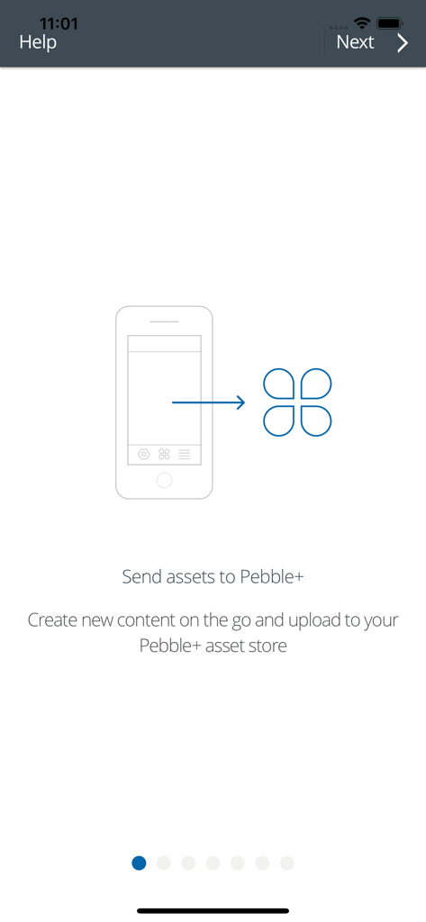 Onboarding screen of PebblePocket app explaining how to send assets to PebblePlus asset store