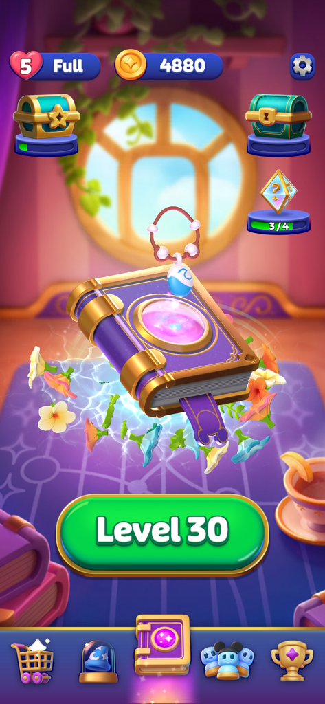 Disney Magic Match 3D - Pantalla del menú principal de Disney Magic Match 3D mostrando el libro mágico y el botón de inicio del Nivel 30