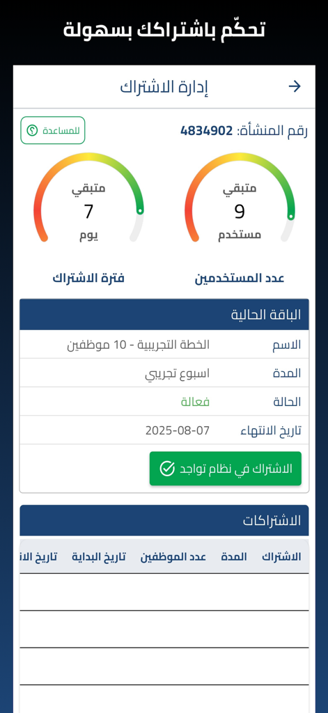 Subscription management screen in the Tawajud app showing trial period and user limits