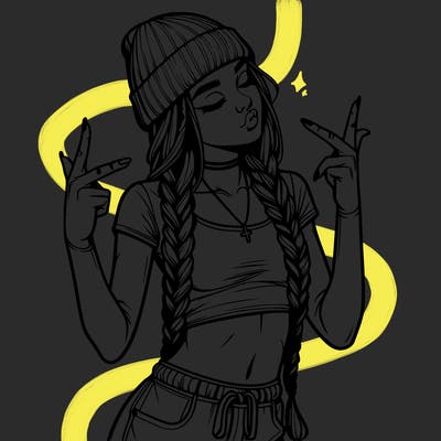 realistic teenage girl with braids and a beanie and crop top doing 🫶🏼