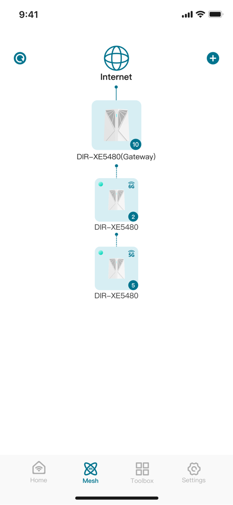 D-Link Mobile Connect Plus - Mesh network topology view in D-Link Mobile Connect Plus showing connected router devices