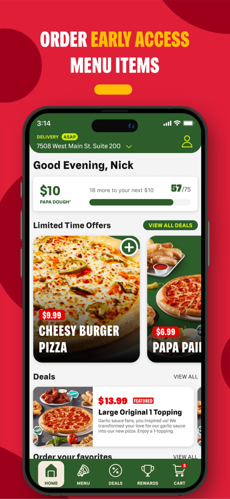 Papa Johns App-Startbildschirm mit Papa Rewards Punkten und befristeten Pizzaangeboten.
