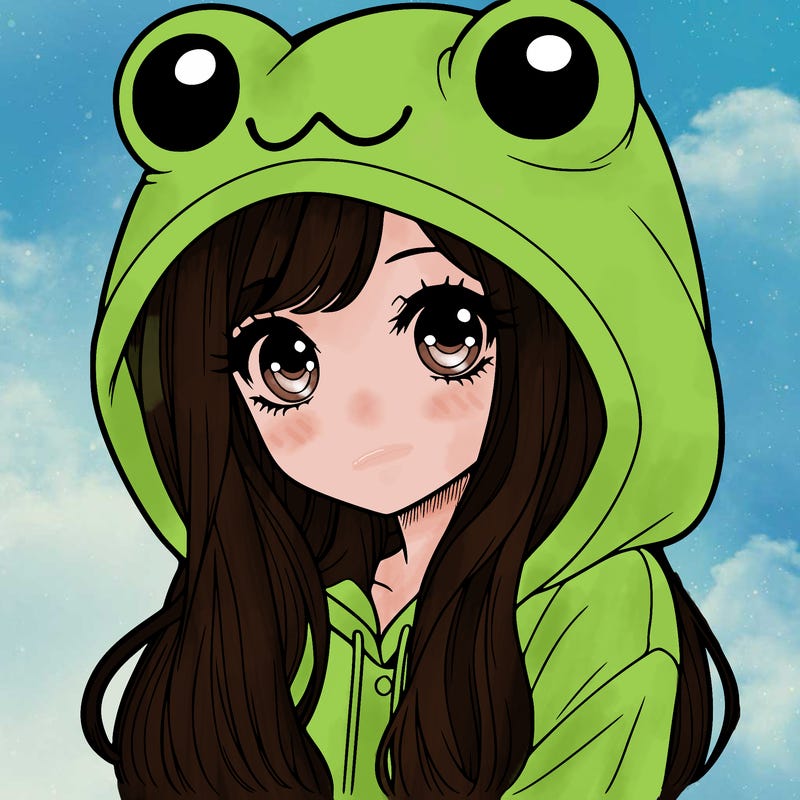 a pretty girl wearing a frog hoodie portrait with long hair