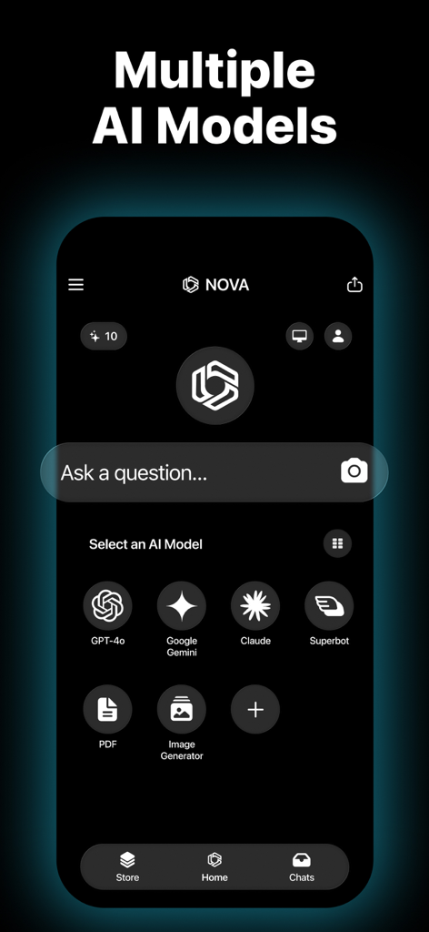 Interfaz de la aplicación Nova AI Chatbot que muestra múltiples opciones de modelos de IA, incluyendo GPT-4o, Google Gemini y Claude