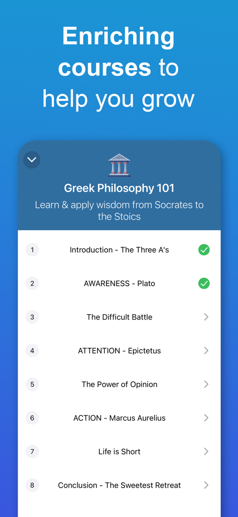 Being Me app interface showing a Greek Philosophy course syllabus for personal growth