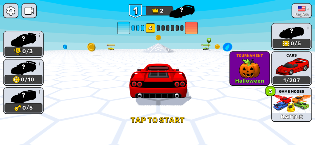 Race Survival Arena King - Ein roter Supersportwagen auf einer weißen hexagonalen Arena im Handyspiel Race Survival Arena King