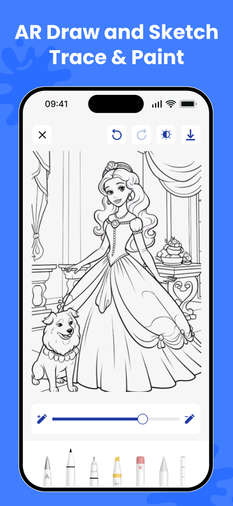 AR Drawing - Sketch Trace Draw - AR Drawing app screen showing a princess and dog sketch for tracing and painting