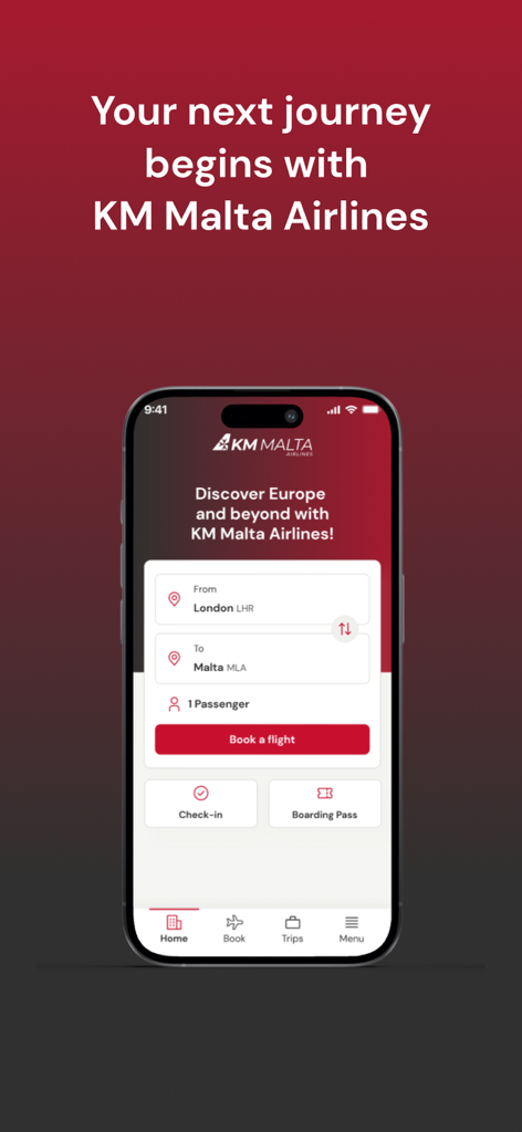 Schermata principale dell'app mobile KM Malta Airlines che mostra la ricerca voli da Londra a Malta e le opzioni di check-in