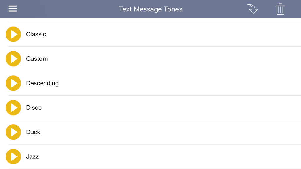 Lista de tonos de mensajes de texto disponibles en la interfaz de la aplicación