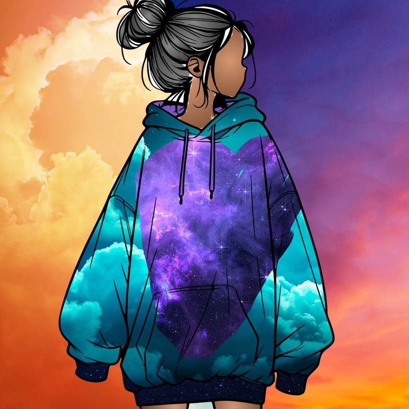 realistic girl with a oversized sweatshirt on and a bun